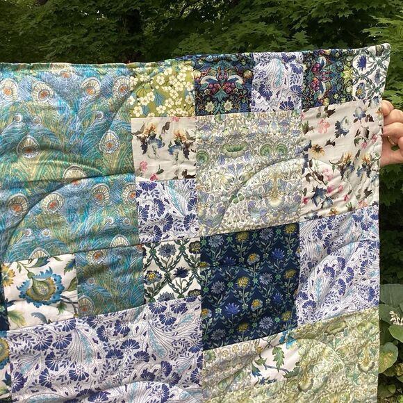 NWT. Hand Crafted Blues and Greens Gardens Quilt with Liberty Lawn Fabrics - Picture 16 of 16